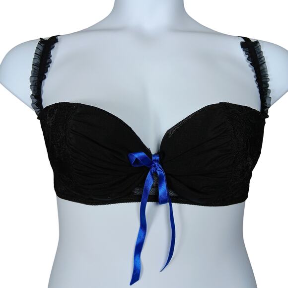 Frederick's Bra Lace and Mesh Black with Ruffled Straps and Blue Bow - Picture 2 of 7